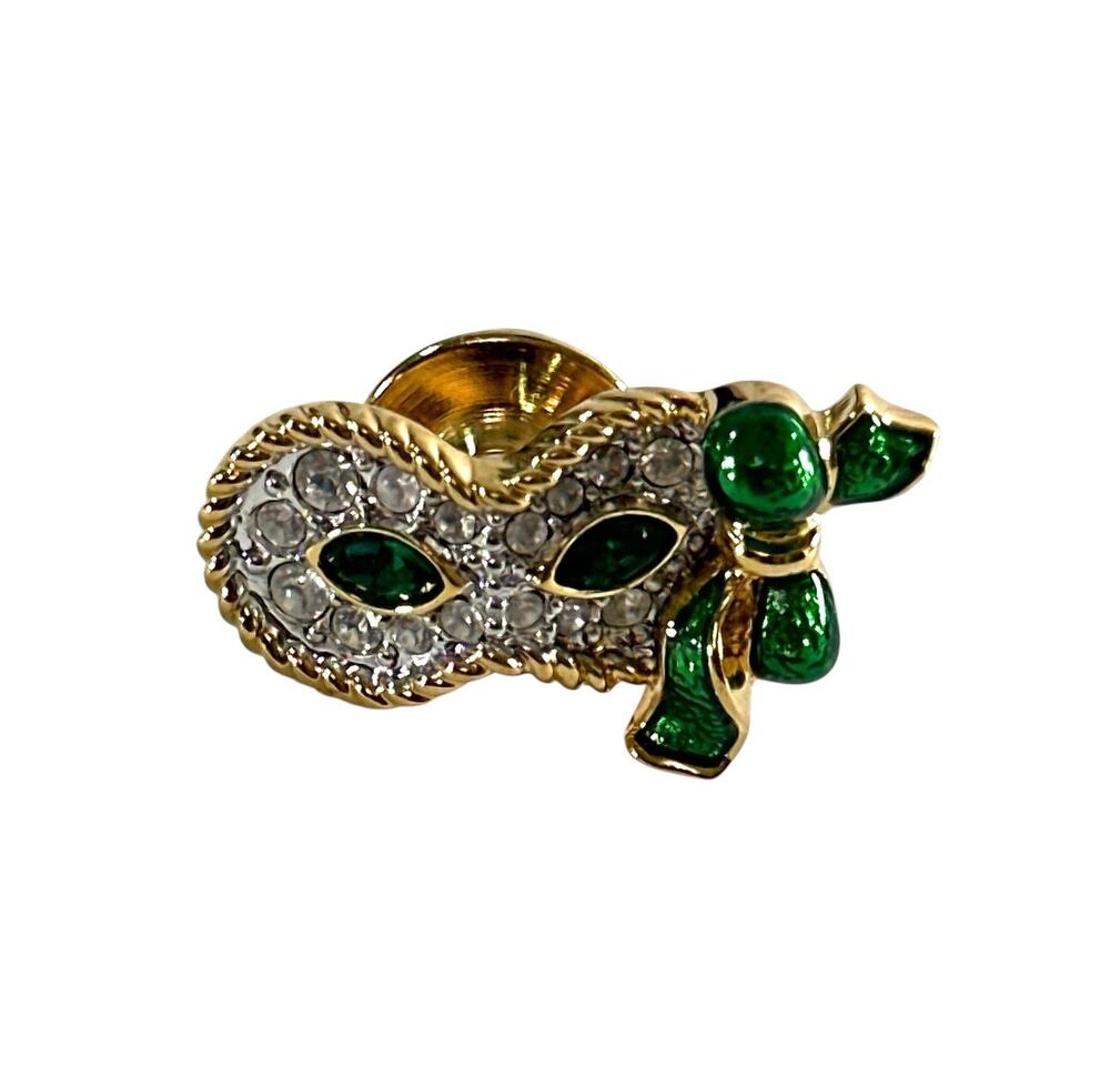 Swarovski 2001 SCS Harlequin Mardi Gras Mask Tie Tack Green Crystal Pin